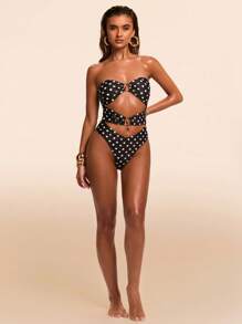 SHEIN BAE Women's Swimsuit With Golden Buckle, Black & White Polka Dot Print, Halter Design, One-Piece Swimwear For Summer Vacation, Party, Elegant & Sexy/Polka Dot/High Waisted Bikini/Tummy Control Swimsuit - Black and White - View 5