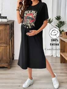 SHEIN Maternity Letter & Lip Print Round Neck Short Sleeve Casual T-Shirt Dress - Black - View 1