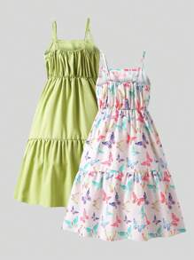 Conjunto de 2 piezas de vestido morado con decoración de mariposas coloridas para niñas preadolescentes - Verde Oliva - Ver 2