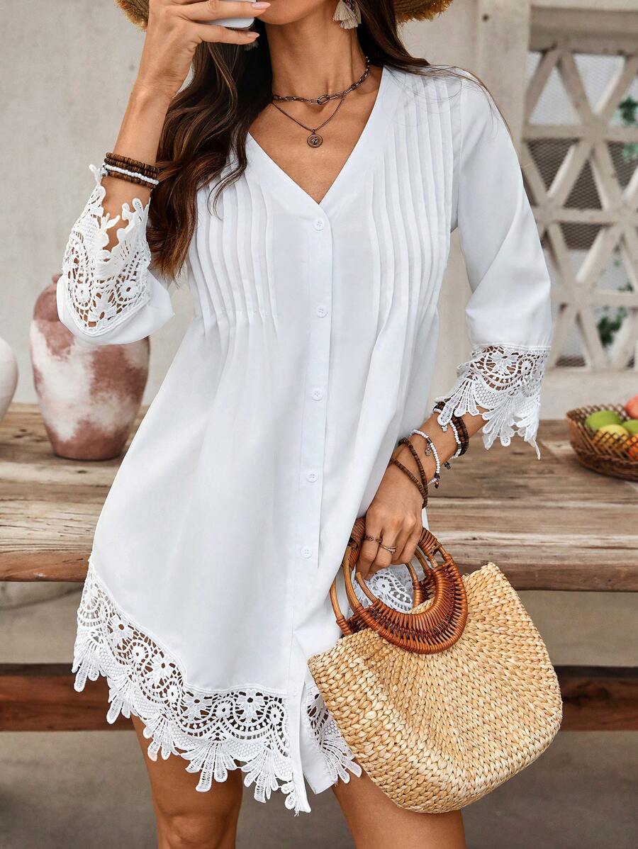 INAWLY Vestido de manga comprida com decote em V e patchwork de renda, cor sólida, moda para o verão - Branco - Ver 1