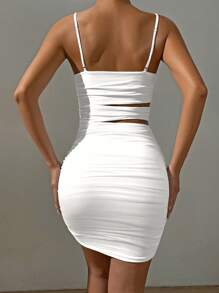 SHEIN PETITE Women's Solid Color Hollow Out Ruched Fitted Spaghetti Strap Mini Dress, Women's Dress, Women Dresses Short, Women Party Dresses - White - View 2