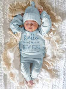 SHEIN HELLO Letter Embroidered 3pcs/Set Newborn Baby Boy/Girl Photography Outfit, Includes Top, Pants And Hat, Infant 1 Month To 100 Days Photo Studio Clothing