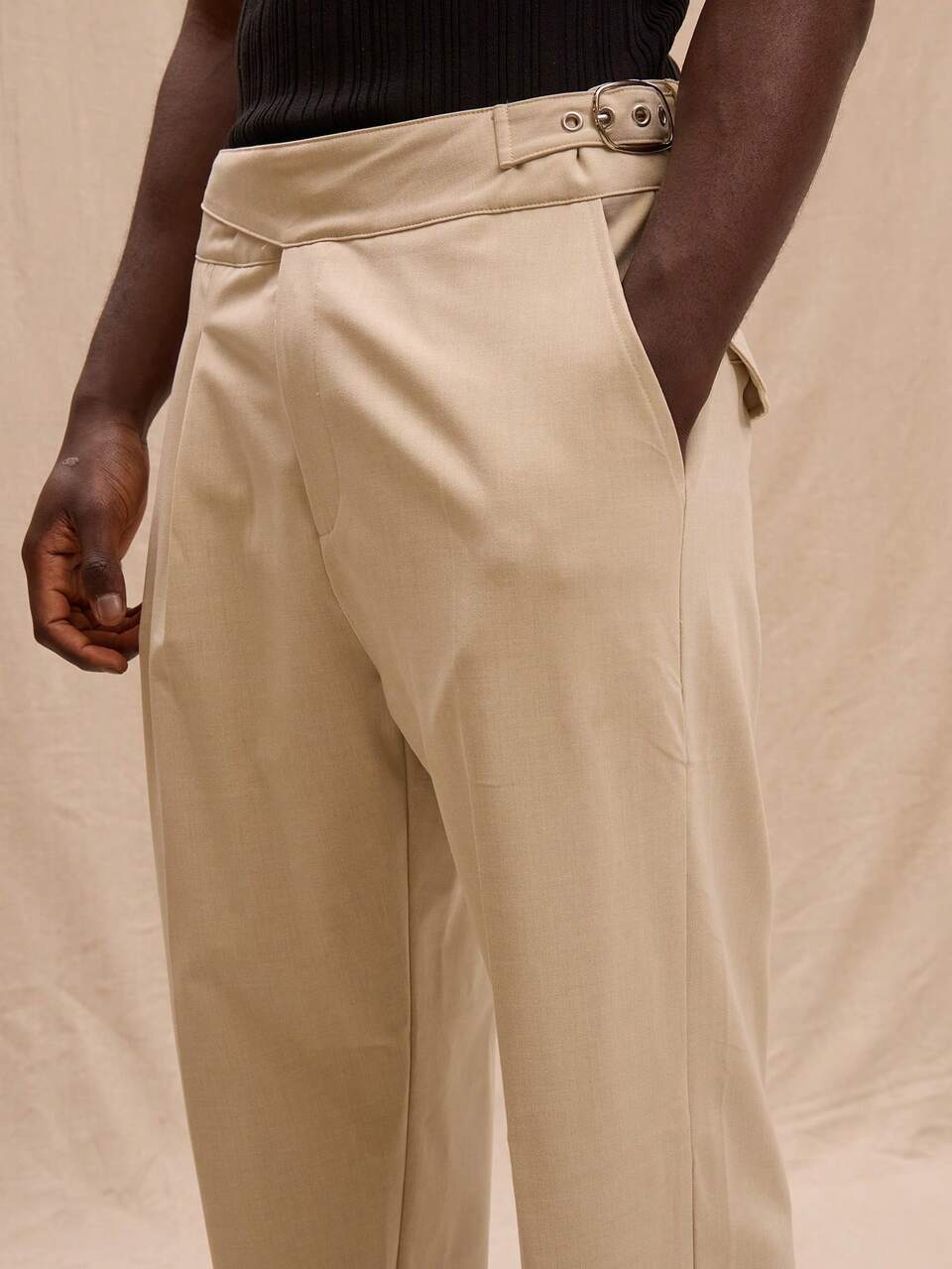 Tailored Side Pleat Buckle Waist Detail Straight Leg Trousers Spring, Summer, Streetstyle