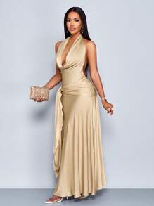 SOLERSUN Women's Sexy Minimalist Elegant Solid Color Khaki Tie Front Plunging Drape Neck Backless High Slit Long Dress, Suitable For Party, Cocktail, Wedding Bridesmaid, Night Out