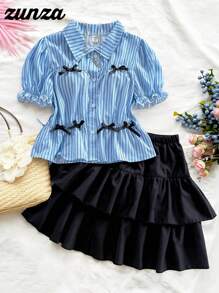 Teen Girls 2 Pieces Set: Bowknot Striped Ruffle Sleeve Blouse Top And Multi-Layered Cake Skirt, Princess And Sweet Feminine Style