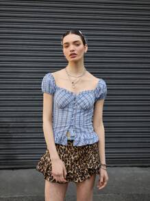 COUREZ Áo corset cài cúc phía trước kiểu kẻ caro / Áo hè cho nữ / Áo hè đi chơi, áo thường ngày / Áo cotton vintage phong cách Y2K - Nhiều màu - Xem 6