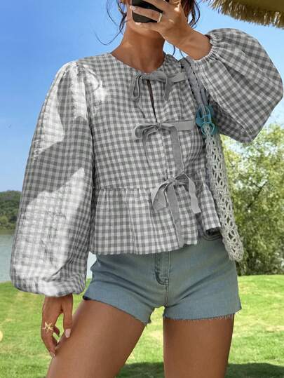 SHEIN EZwear 女式复古现代灰色格子天鹅绒前系带泡泡袖宽松衬衫