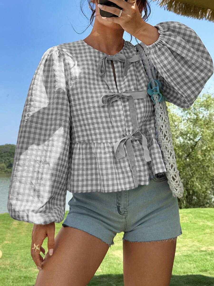 SHEIN EZwear 女式复古现代灰色格子天鹅绒前系带泡泡袖宽松衬衫