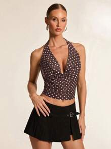 Glamine 海军蓝和白色波尔卡圆点针织优雅性感简约高弹力垂坠领无袖细肩带复古波尔卡圆点印花女式吊带背心 - 棕色 - 查看 6