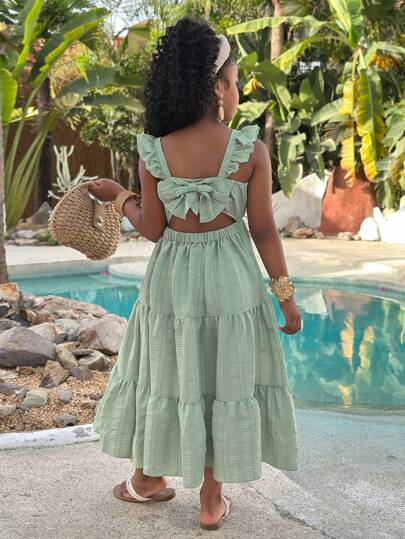 Sparklyn Girl's Vacation Ruffle Sleeveless A-Line Jacquard Solid Color Dress With 3D Bow, Matching Sister Sets, School, Campus, College