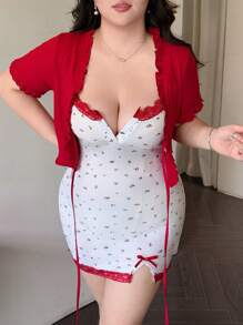 Flirla Plus Size Elegant Solid Color Tied Blouse And Mini Ditsy Floral Dress Two Pieces Set, Summer - Red - View 2