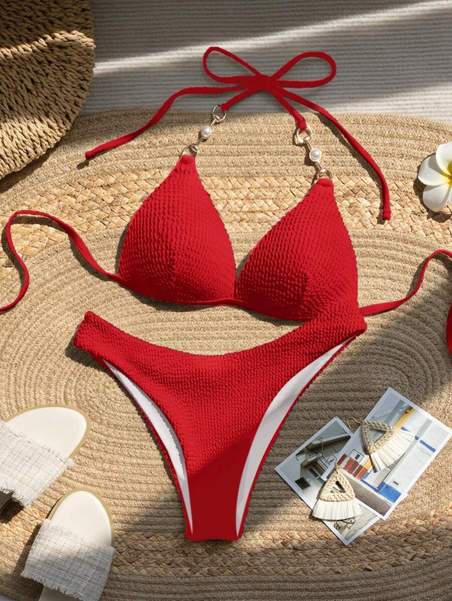 SHEIN Swim Women's Solid Color Halter Tie Sexy Bikini Swimsuit Set, Summer Beach - Burgundy - View 1