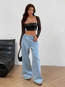 SHEIN EZwear Women's Lace Sheer Bolero Top, Slim Fit, Summer - Black - View 4