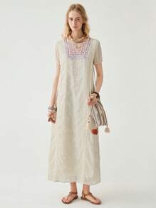 Florisole Women's Bohemian Embroidery Notched Neck Short Sleeve Casual Holiday Dress, Spring/Summer