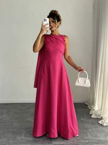 Elenzga 夏季女士优雅简约无袖露肩圆领喇叭下摆连衣裙，玫瑰红色 - 玫紅色 - 查看 1