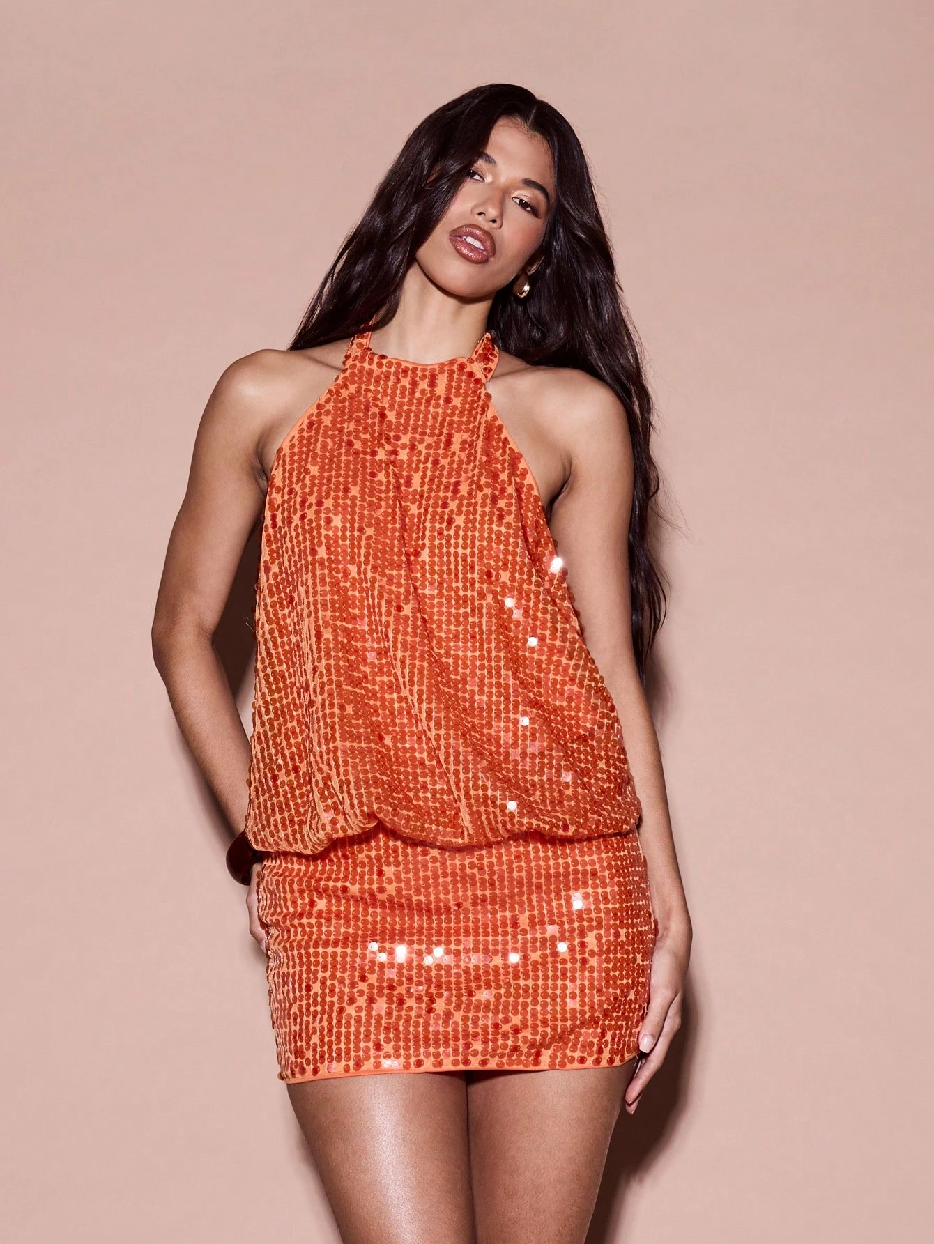 KIZN Neckholder-Minikleid mit Pailletten, rückenfrei, ärmellos, figurbetont und Glitzer