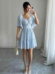 Elenzga 最新款蓝白条纹短袖优雅休闲修腰中长连衣裙，适合女士，春夏 - 藍色 - 查看 3