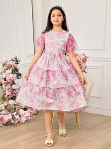 Tween Girls Elegant Floral Print Mesh Ruffle Hem Summer Dress - Pink - View 6
