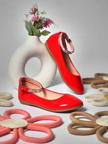 Mini mi Kids' Crystal-Embellished Adjustable Anklet Rounded Toe Red Patent Flats | Comfort Playground To Party Shoes - Red - View 4