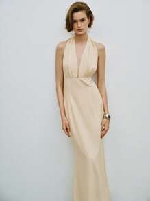 Lumivelle Vestido largo con cuello en V profundo, lazo y espalda descubierta