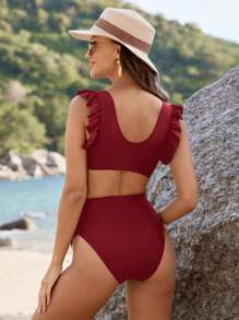 SHEIN Schwangeren Damen Lässig einfarbiger Rüschen Badeanzug & Strandoutfit Set, Sommer