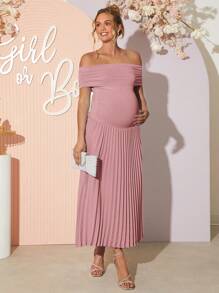 Loomaby 孕妇纯色露肩褶边优雅连衣裙 - 粉色 - 查看 7