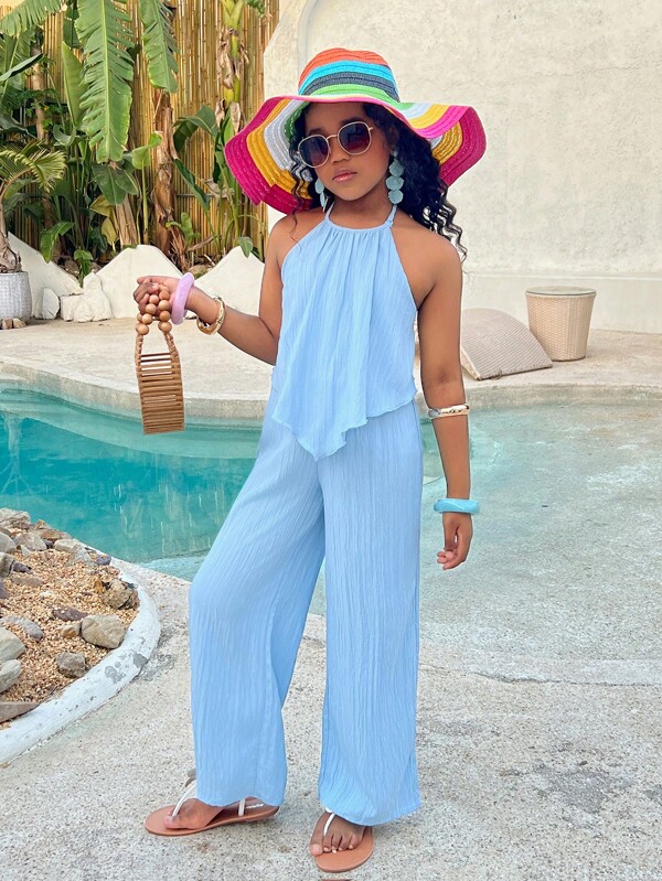 SHEIN Tween Girls Vacation Casual Solid Color Woven Halter Neck Top And Wide Leg Pants 2-Piece Set