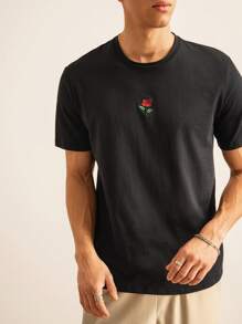 SWAVVY Men Cotton Embroidered Rose Short Sleeve Tee, Fashion, Boyfriend Gift, For Going Out, Summer