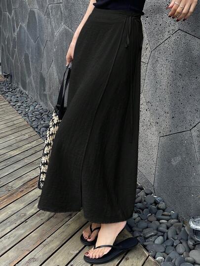 DAZY Women's Casual Resort Solid Color Tie-Up Wrap Around Skirt Work Summer Women Plus Clothing Business Casual Women Short Summer Skirts For Women Long Skirt With Slit Linen