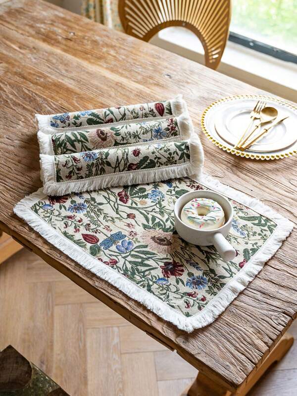 Jogo americano jacquard com fio grosso tingido, jogo americano bordado com flores e franjas, mesa de jantar americana com borlas, cozinha de tecido, decoração para casa, perfeito para casamento rústico, decoração para chá de panela