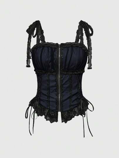 Goth Camiseta de tirantes gótica vintage con encaje y parches en la cintura y los hombros para mujeres