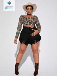 SHEIN SXY Short en jean casual d'été mode avec poches en biais et ourlet à franges pour grandes tailles - Noir - Voir 3