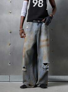 NEON BLANC Jeans de estilo callejero holgados para hombre con estampado de flores de nieve, edición de ropa urbana