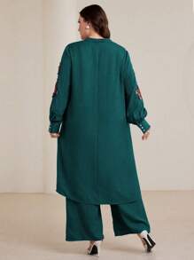 Graceveil 2 件套加大码 V 领刺绣贴花长袖宽松长衬衫和松紧腰裤套装，春秋季节适度 - 水鴨藍 - 查看 2