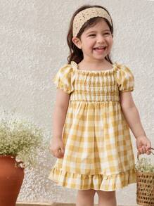 Blossori Baby Girls Countryside Vacation Yellow Plaid Puff Sleeve Pinafore Dress - Multicolor - View 3