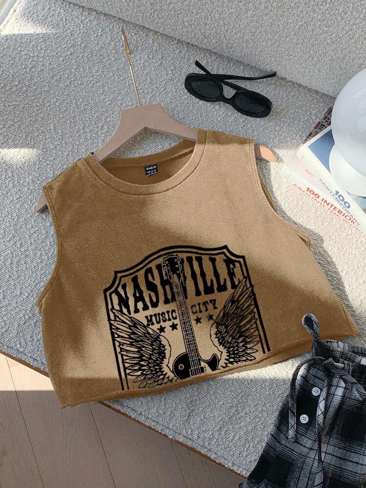 Comfortcana Top camisero de punto con estampado de festival de música vintage desgarrado en caqui para mujer, verano