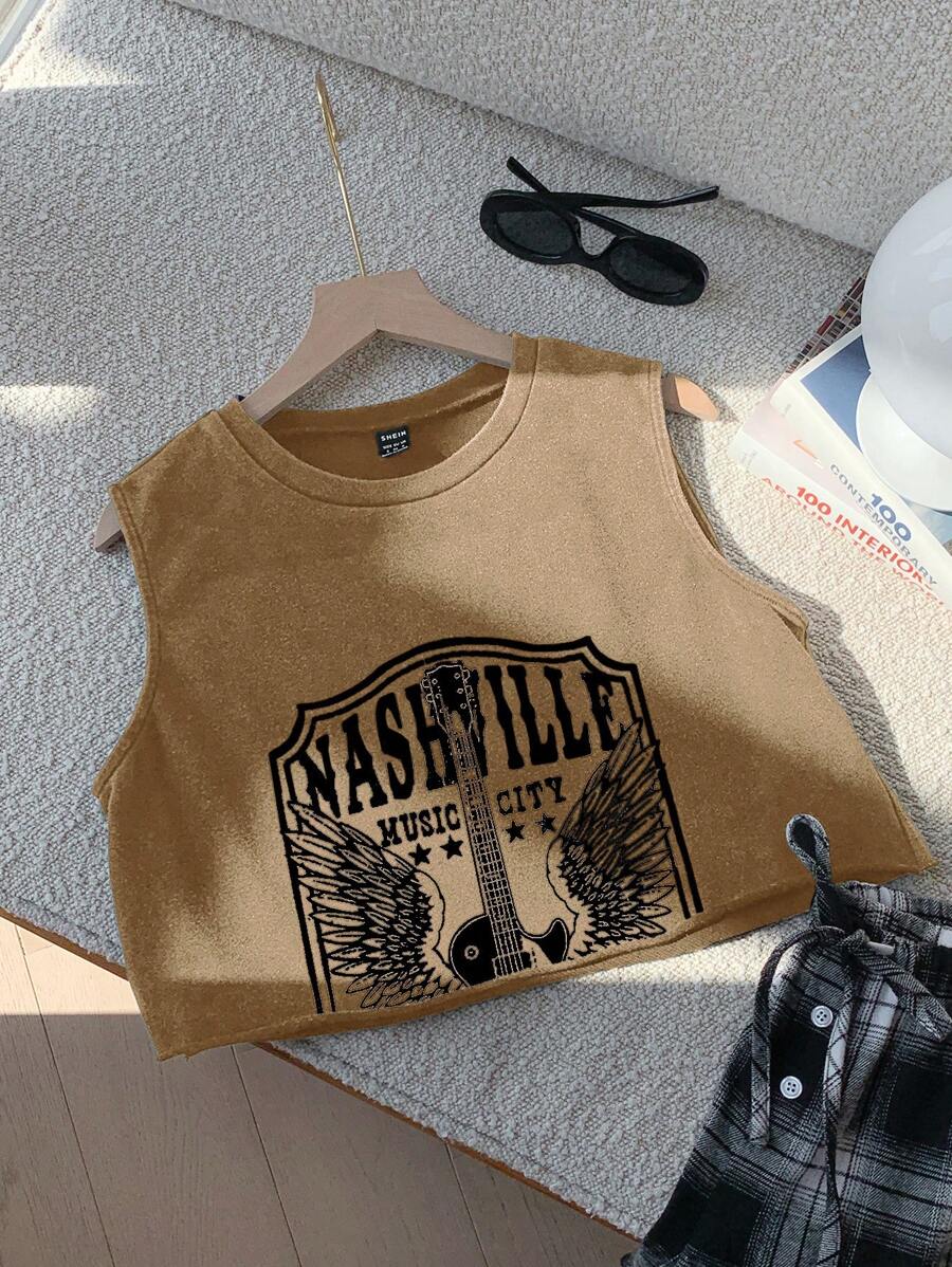 Comfortcana Summer Rave Outfits     Khaki Guitar & Letter Print Crop Tank Top - Khaki - View 1