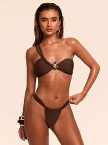 SHEIN BAE Women Solid Brown Sexy & Elegant Metal Decor Strapless 2 Pieces Swimsuit, Perfect For Summer Vacation/Brown Swimsuit/Swimsuit Set/Beach Women Outfits/Thong Bikini - Brown - View 7