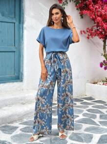 SHEIN Clasi Mono elegante de mujer con cuello redondo, cinturón y pernera ancha