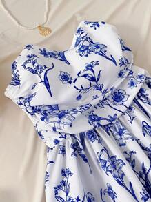 Tween Girls Ditsy Floral Printed Strapless Princess Dress, A-Line For Beach Party, Garden Wedding, Blueholiday,Summer,Travel,Getaway - Blue and White - View 4