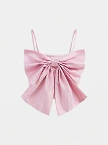 Tween Girl Woven Solid Color Big Bow Camisole Top & 3D Floral Skirt 2 Pieces Set, Cute Princess Dress - Pink - View 10