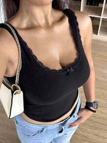 DAZY Contrast Lace Fitted Bow Decor Cropped Black Summer Camisole And Tank Top - Black - View 1