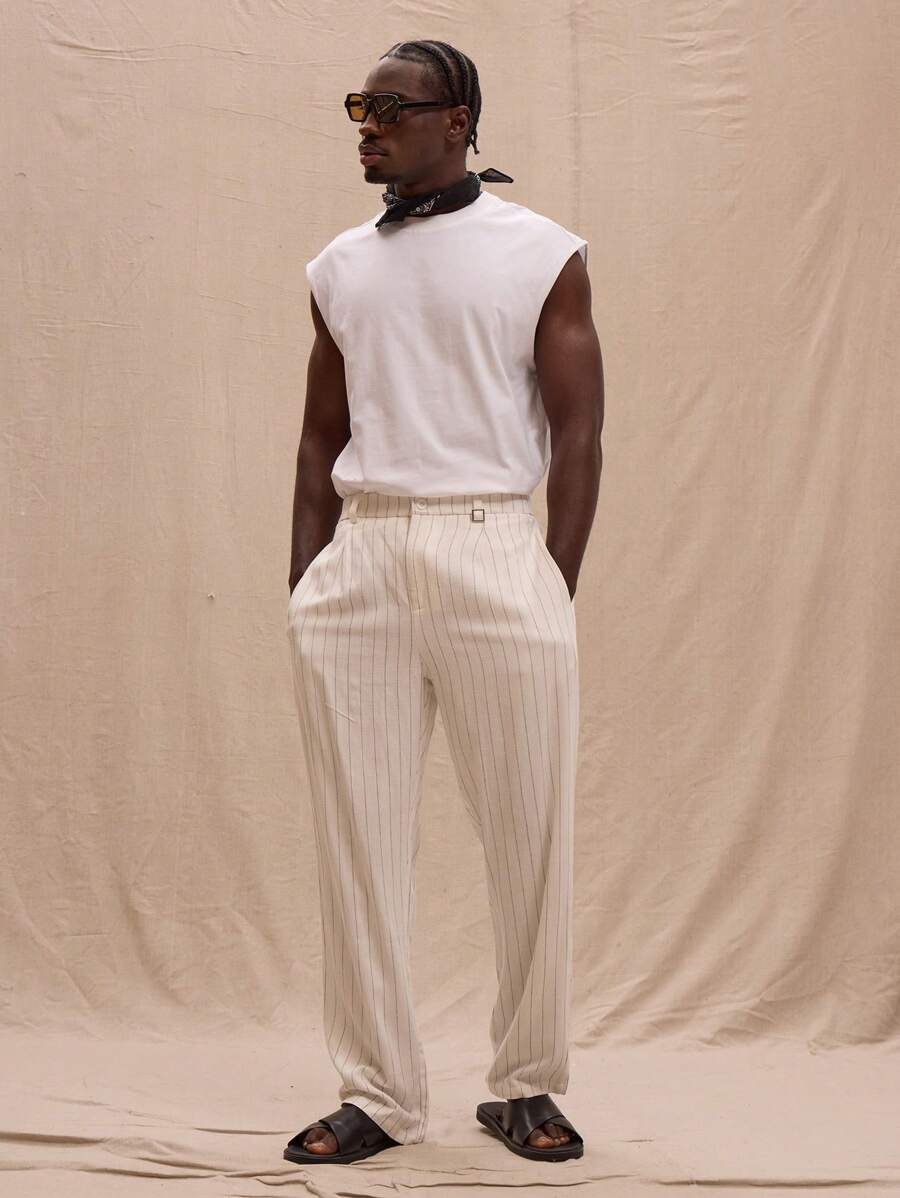 Musero Pinstripe Belt Loop Straight Leg Trousers Spring, Summer, Streetstyle - Black and White - View 1