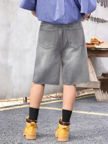 SHEIN Teen Boy Fashion Old Money Casual Light Grey Denim Loose A-Style Loose Hem Wide-Leg Denim Boy Shorts For Boy Soft Dailywear And The Four Seasonsr Teen Boy Clothes - Grey - View 2