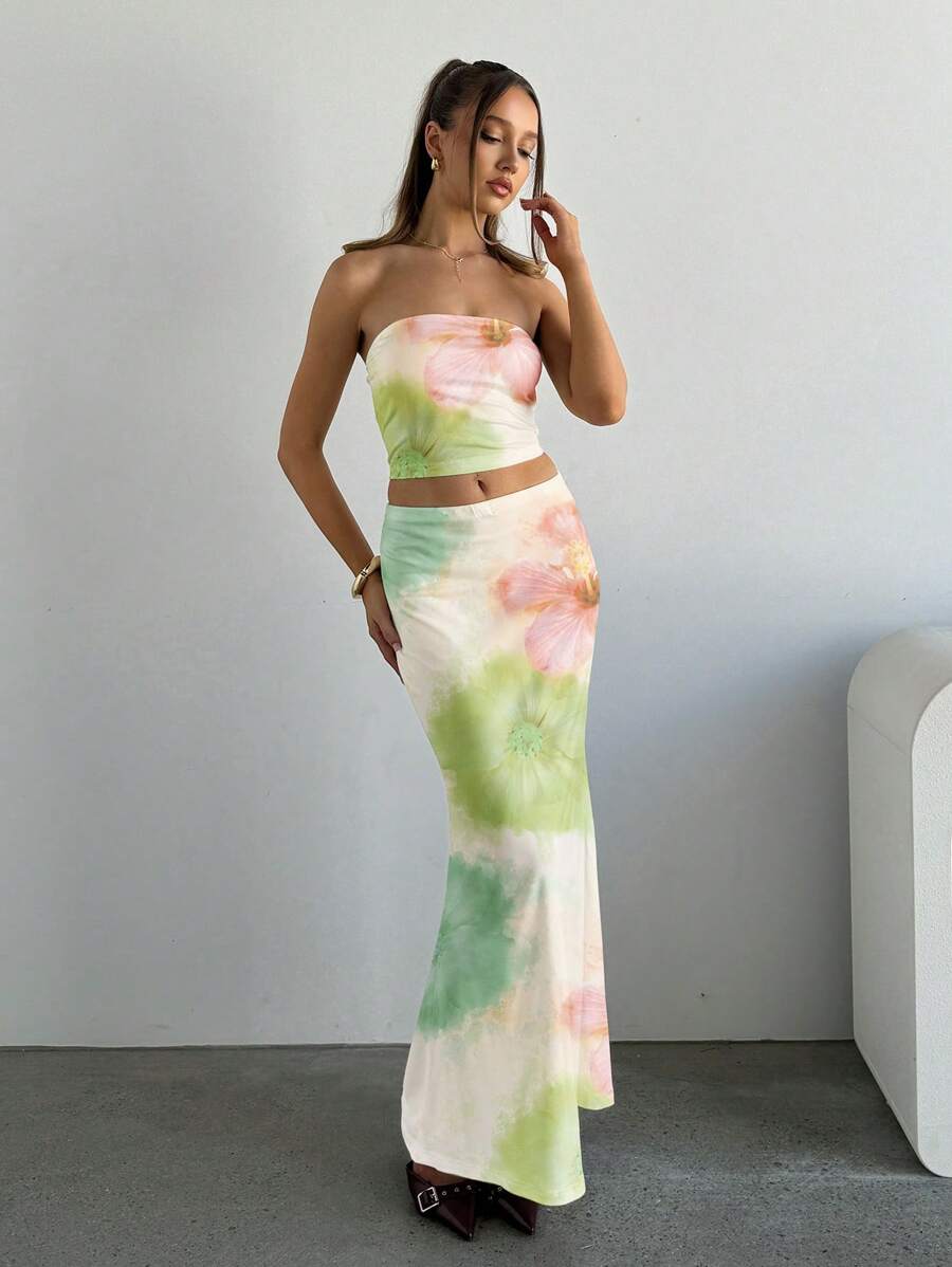 Modelyn 2pcs/Set Floral Print Cropped Top & Shorts Set For Women Summer - Multicolor - View 1