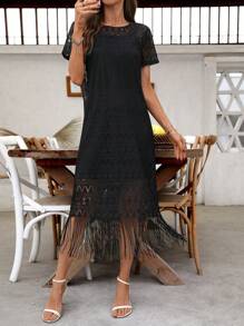 SHEIN Clasi 夏季女士优雅黑色蕾丝流苏腰收腰连衣裙，适合各种场合 - 黑色 - 查看 5