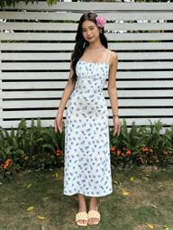 SHEIN Teen Girls' Fitted Casual Ditsy Floral Sleeveless Long Dress, Comfortable & Minimalist