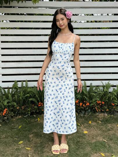 SHEIN Teen Girls' Fitted Casual Ditsy Floral Sleeveless Long Dress, Comfortable & Minimalist