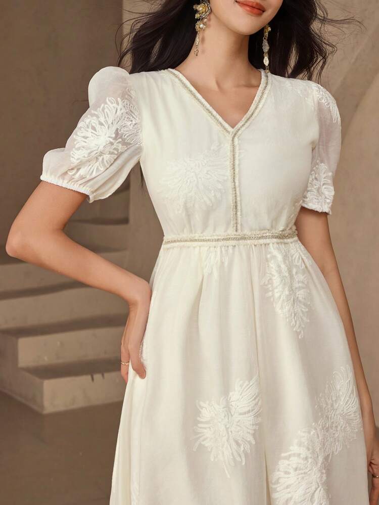 V-Neck Floral Mid-Calf Puff Sleeve Women Dress, Dress For Wedding Dress