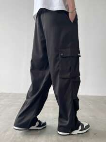 Claim Dot Loose Fit Wide Leg Pocket Men's Casual Pants, Solid Color Style Suitable For Summer - Black - View 2